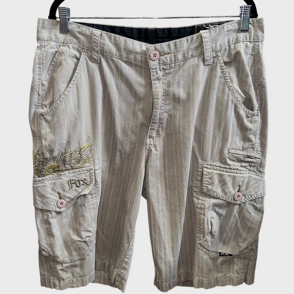 Fox Racing Mens Y2K Pinstripe Cargo Shorts Grey Embroidered Wing Size 34 Skater